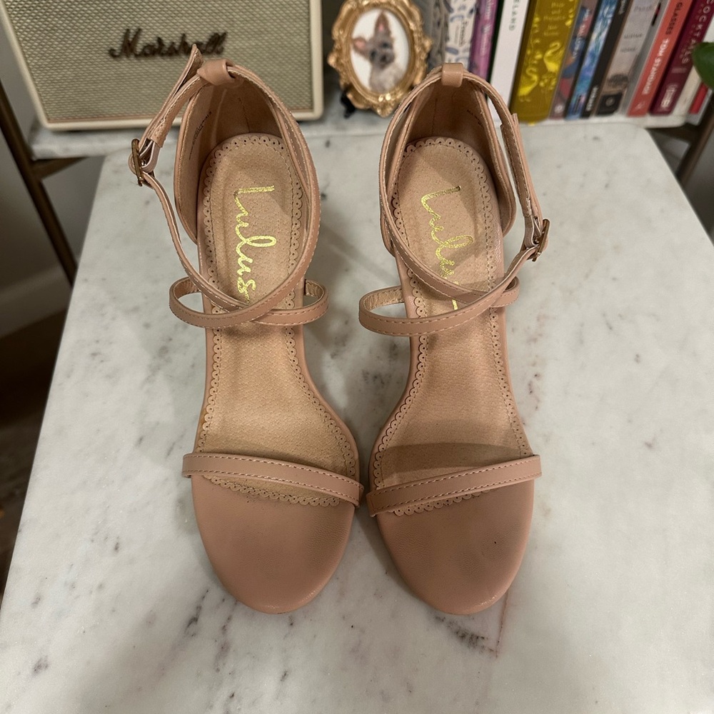 Lulu's Tan Heels with Open Toe and Stiletto Heel